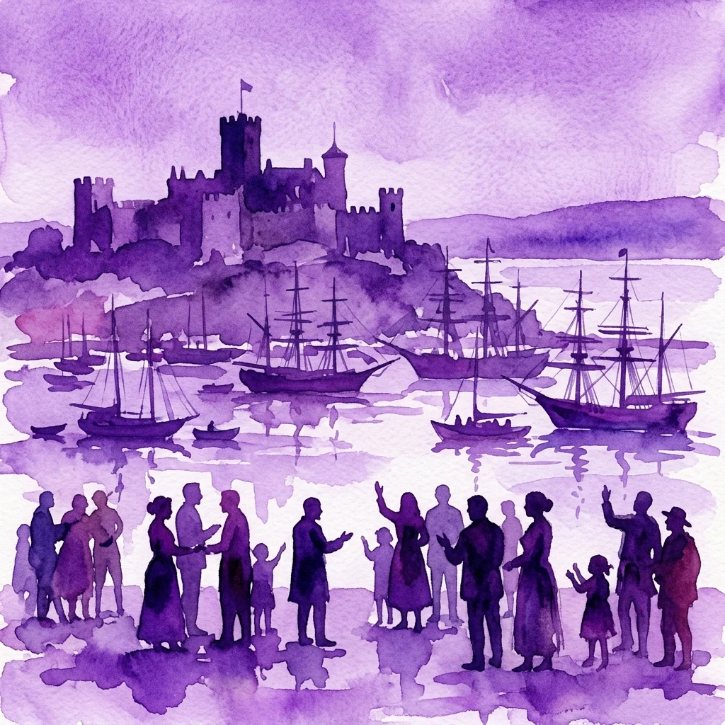 Fioletowa akwarelowa ilustracja kolonialnego zamku z widokiem na port ze statkami oraz sylwetki zróżnicowanych ludzi na brzegu, symbolizujące dziedzictwo niewolnictwa i pojednania na wystawie Cape x NL.