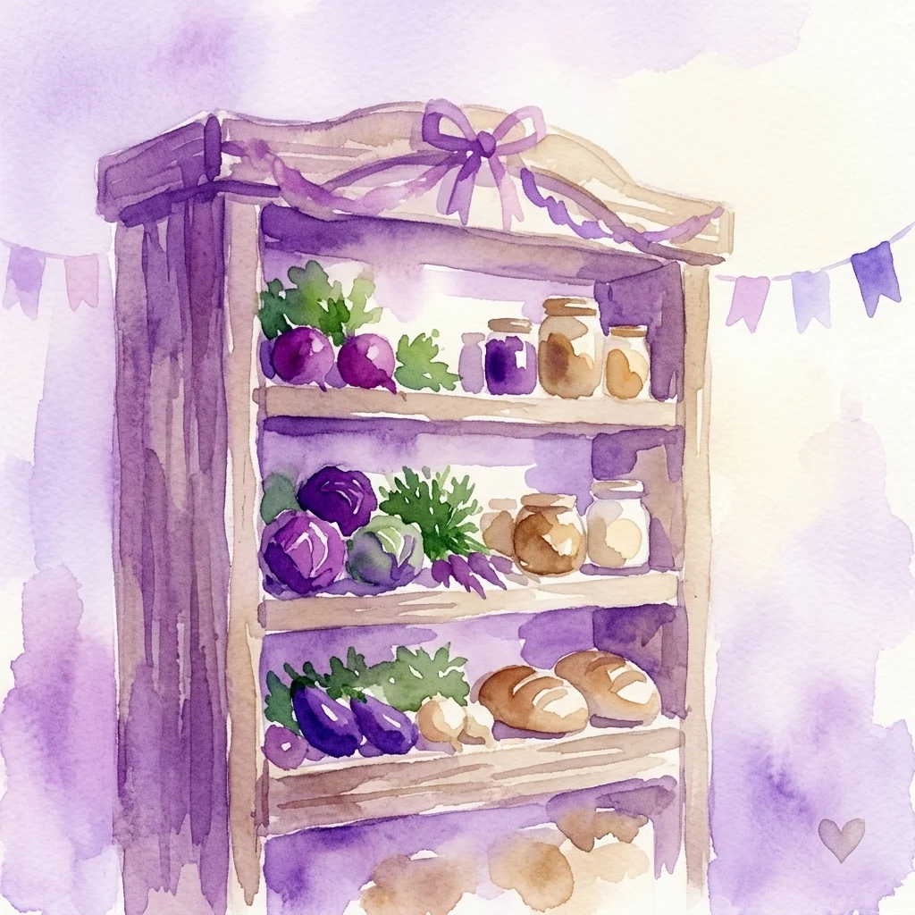 Ilustracja akwarelowa rustykalnej drewnianej spiżarni wypełnionej świeżymi produktami i rękodziełem spożywczym, reprezentująca Umea Skafferi na Survival Kit Festival, celebrująca zrównoważoną kulturę żywnościową i lokalną społeczność.