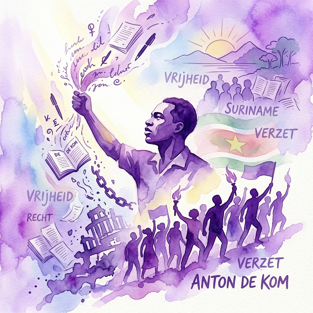 Una ilustración en acuarela de Anton de Kom, un escritor anticolonial surinamés, levantando un puño con libros y cadenas rompiéndose, rodeado de siluetas de personas protestando, la bandera de Surinam y palabras como 'Vrijheid' y 'Resistencia'.