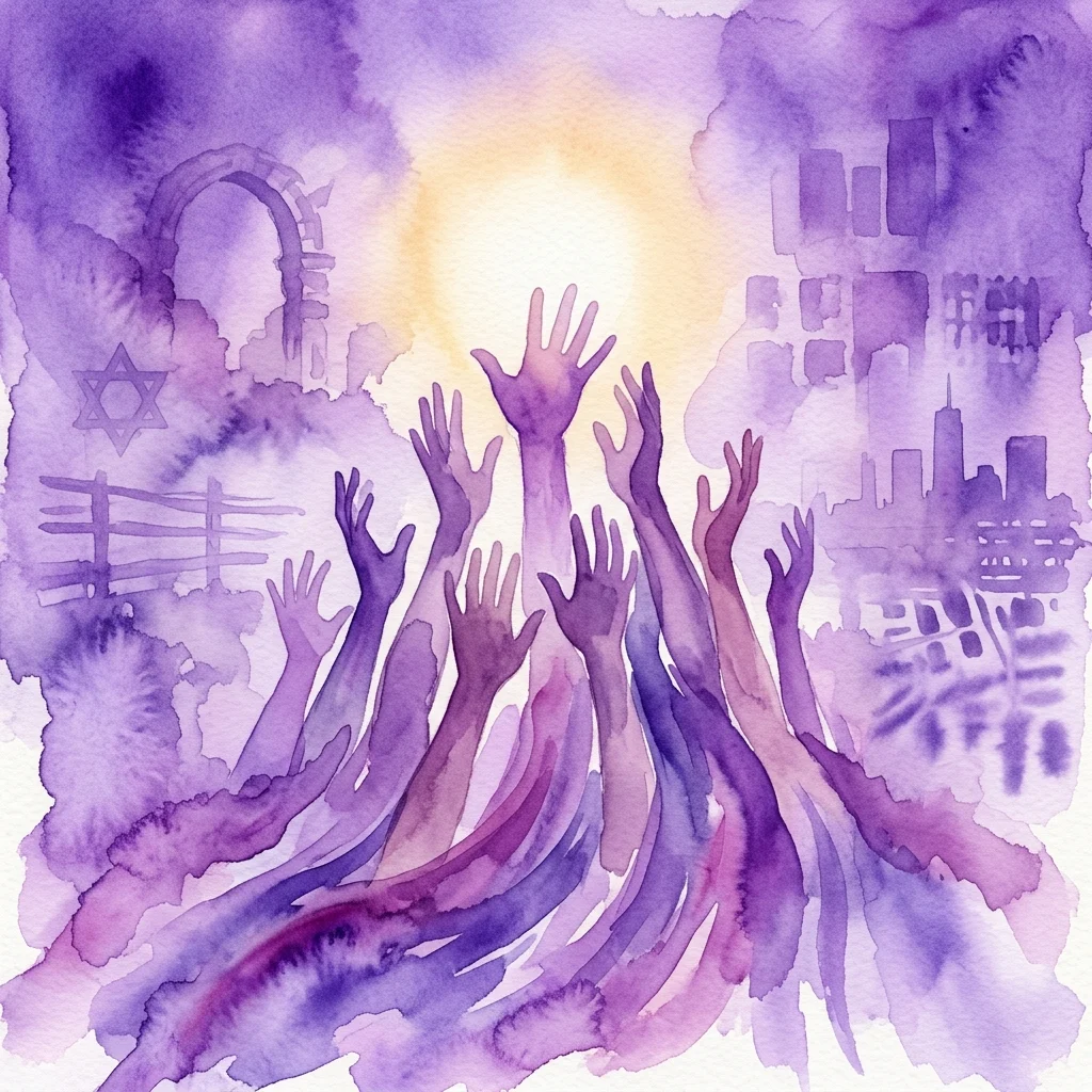 Een aquarel die diverse handen toont die zich naar een helder licht uitstrekken, tegen een paarse achtergrond met symbolische elementen zoals een Davidster en stedelijke silhouetten, die thema's van vrijheid en herdenking vertegenwoordigen.