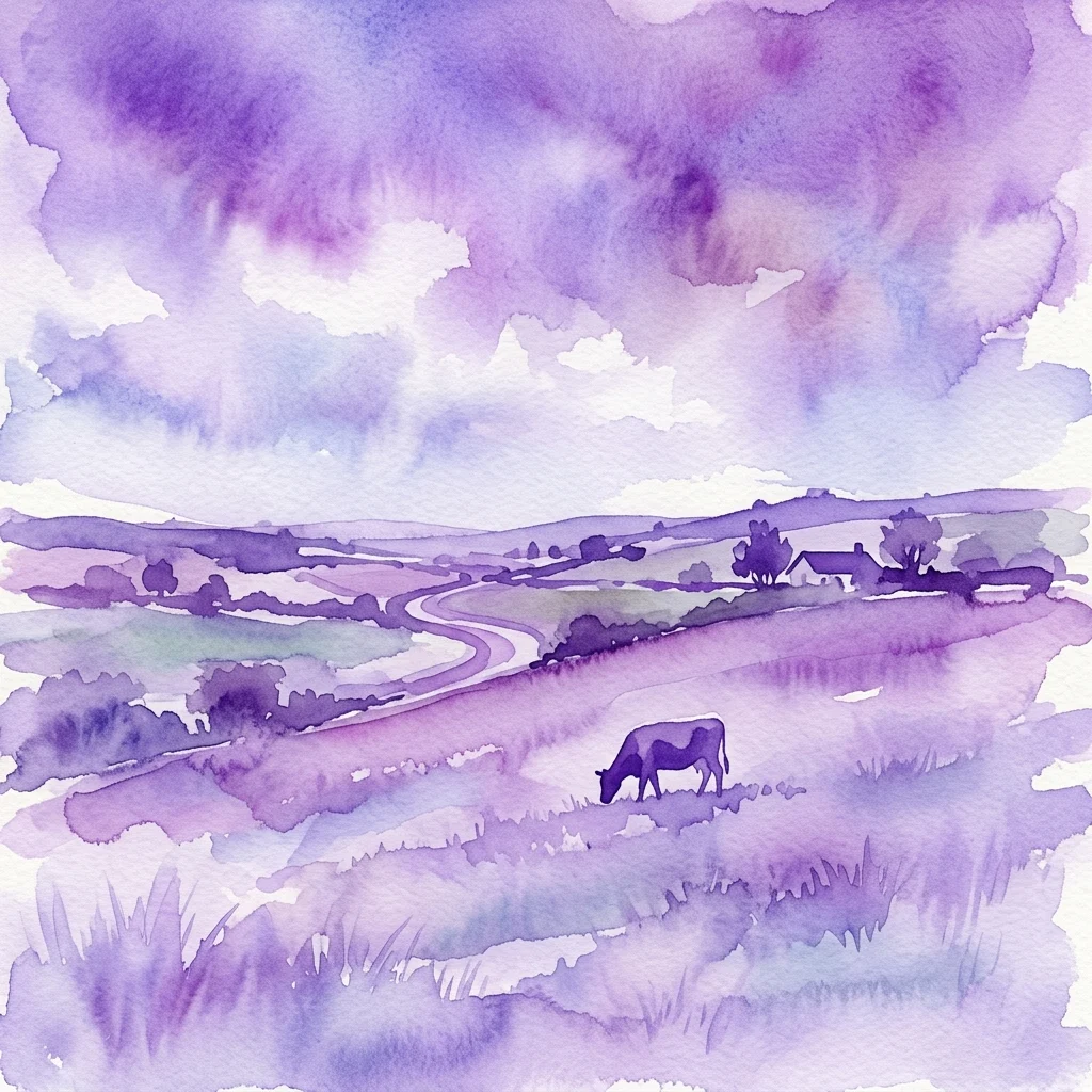 A watercolor painting of a pastoral landscape with a cow grazing under a purple-hued sky, evoking contemplation and observation of nature.