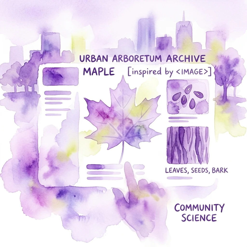 Waterverfillustratie van een digitale archieffunctie voor het Urban Arboretum Archive, met een esdoornblad, zaden, bast en een stadsgezicht als achtergrond, met de nadruk op citizen science.
