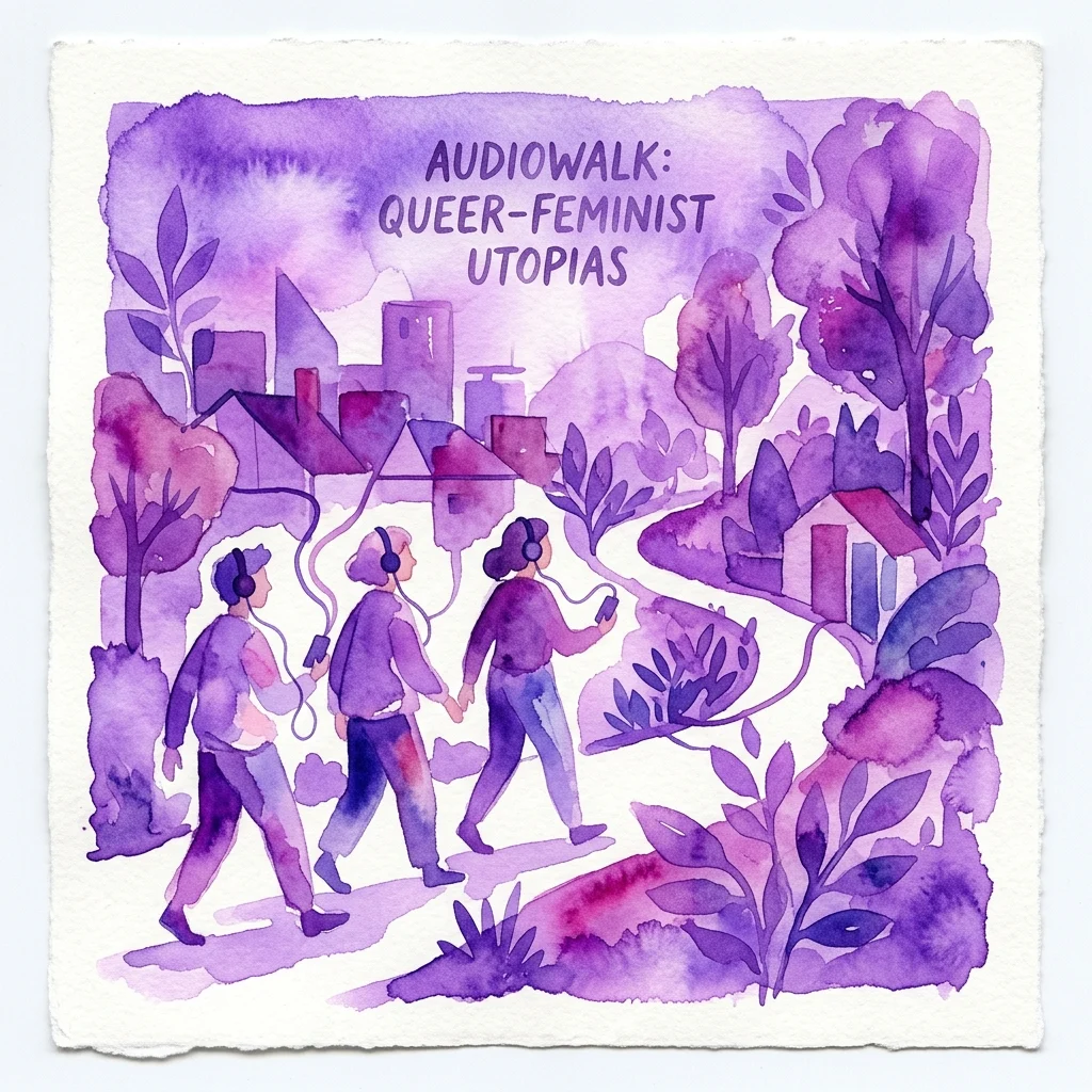 A watercolor illustration of three people walking with headphones, exploring a path through an urban and natural landscape, with the text 'Audiowalk: Queer-Feminist Utopias' in purple hues.