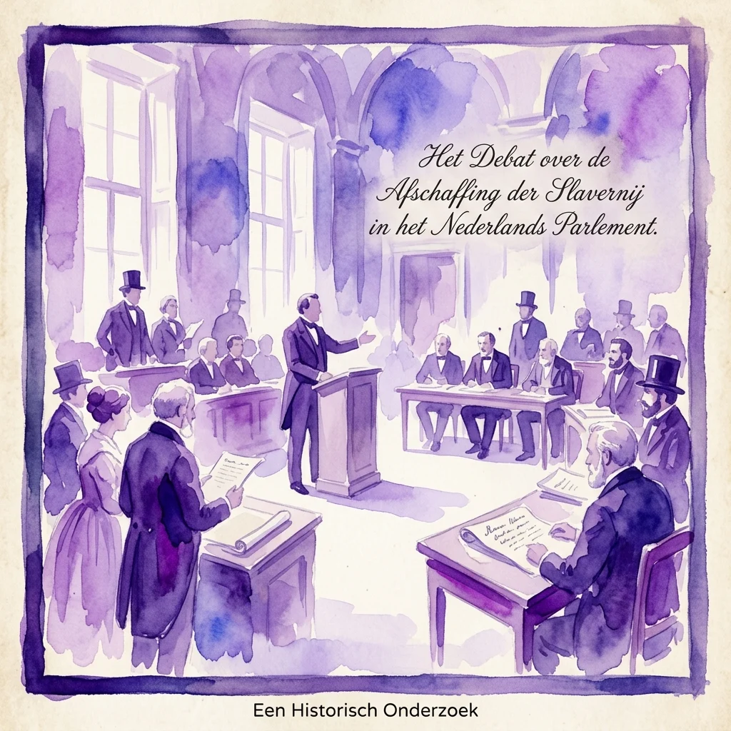 Una ilustración acuarela de estilo de archivo que representa un debate parlamentario holandés del siglo XIX sobre la abolición de la esclavitud, con figuras vestidas de época discutiendo documentos históricos.