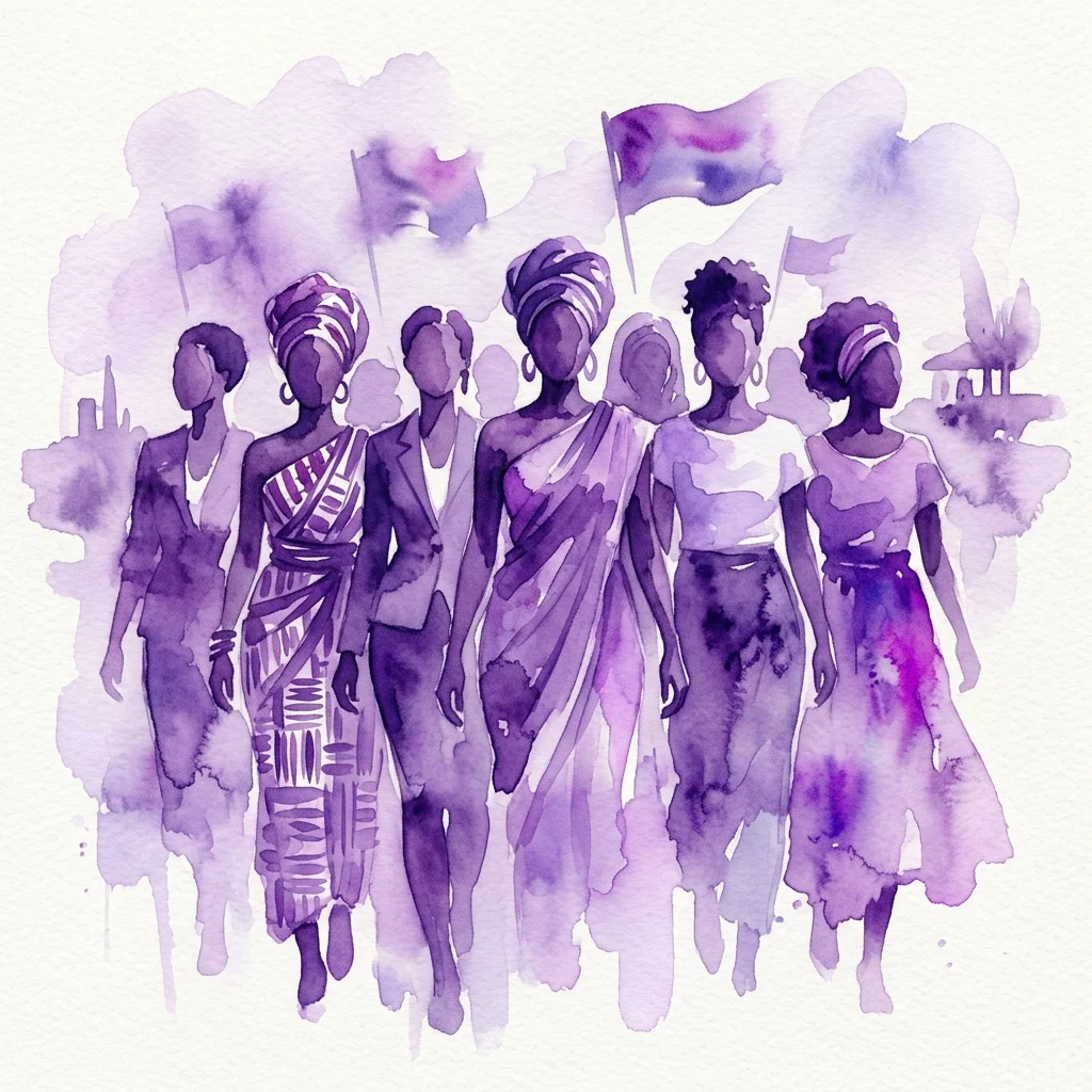 A watercolor illustration of women from various African nations standing together, symbolizing their roles in independence movements, depicted in purple hues with traditional and modern attire.