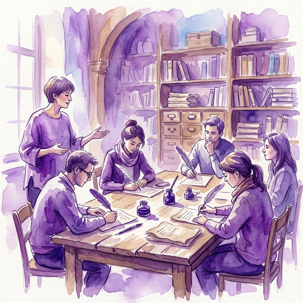 Una ilustración en acuarela de un taller de escritura en una biblioteca, con participantes escribiendo cartas con plumas de ave mientras un facilitador los guía.