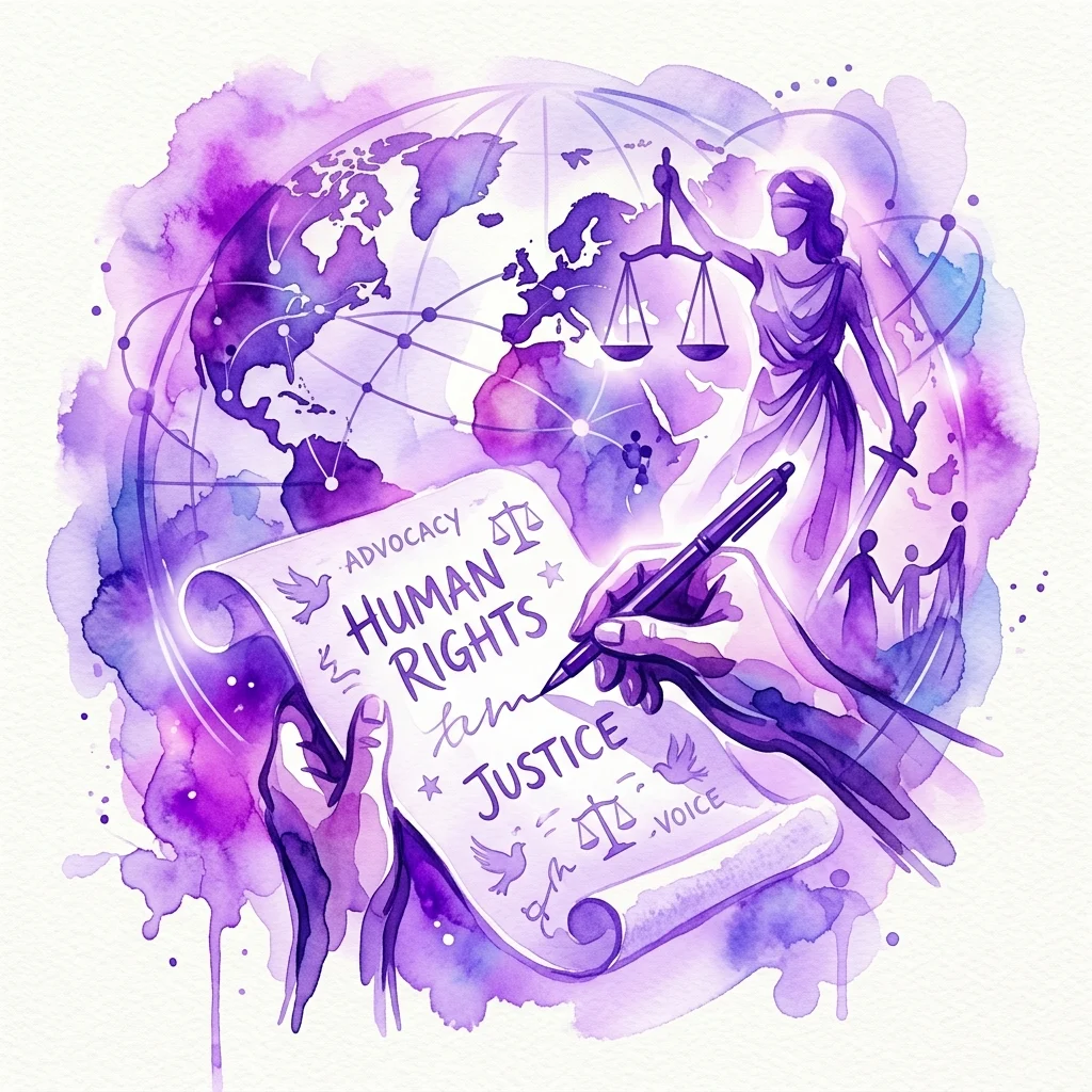 A purple watercolor illustration of a hand writing on a scroll with 'Human Rights' and 'Justice' text, surrounded by a globe, Lady Justice, and symbolic elements of advocacy and voice.