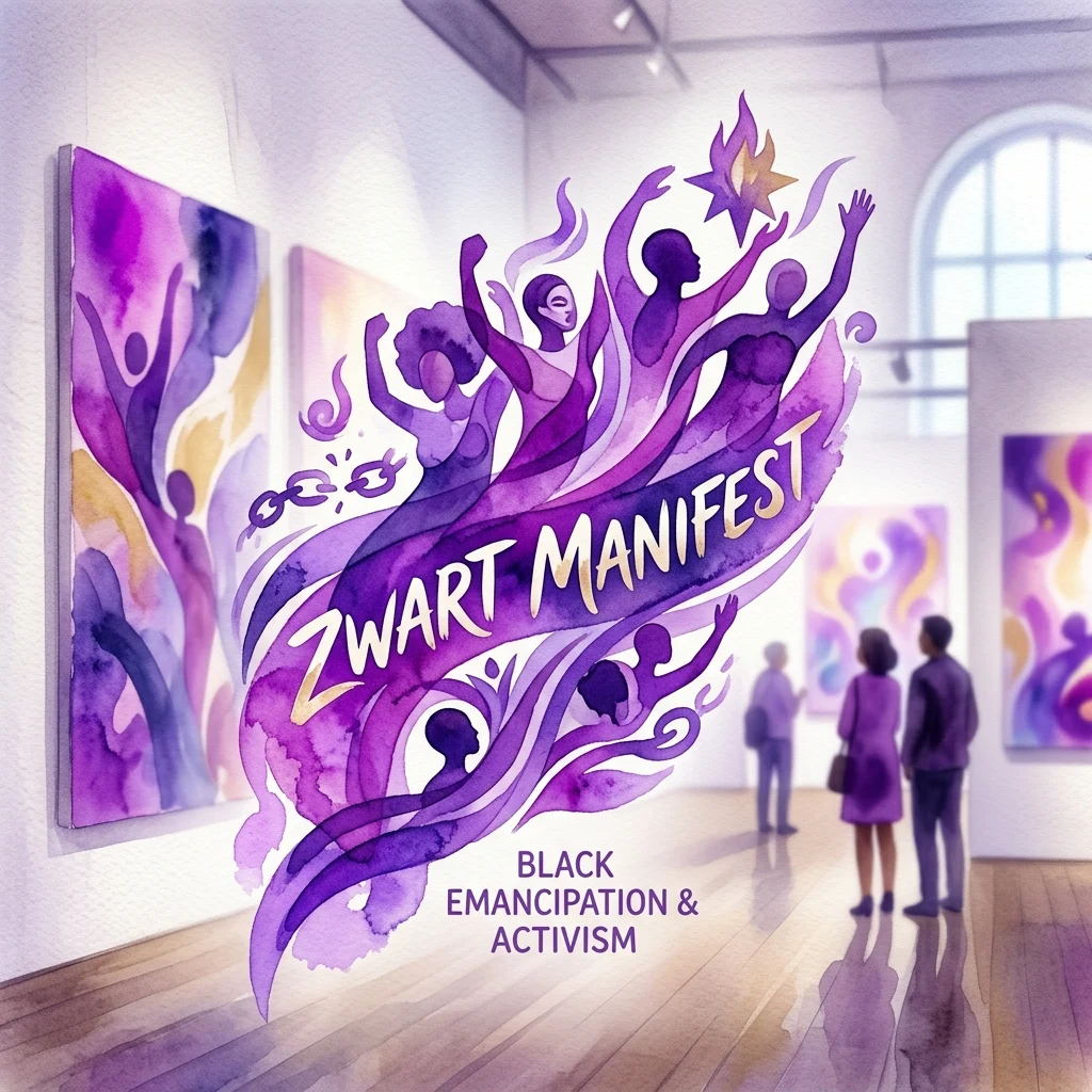 Wibrująca fioletowa grafika akwarelowa dla wystawy Zwart Manifest, przedstawiająca sylwetki ludzi, łańcuchów i gwiazdy, z napisem 'Zwart Manifest' i 'Black Emancipation & Activism' w scenerii galerii.