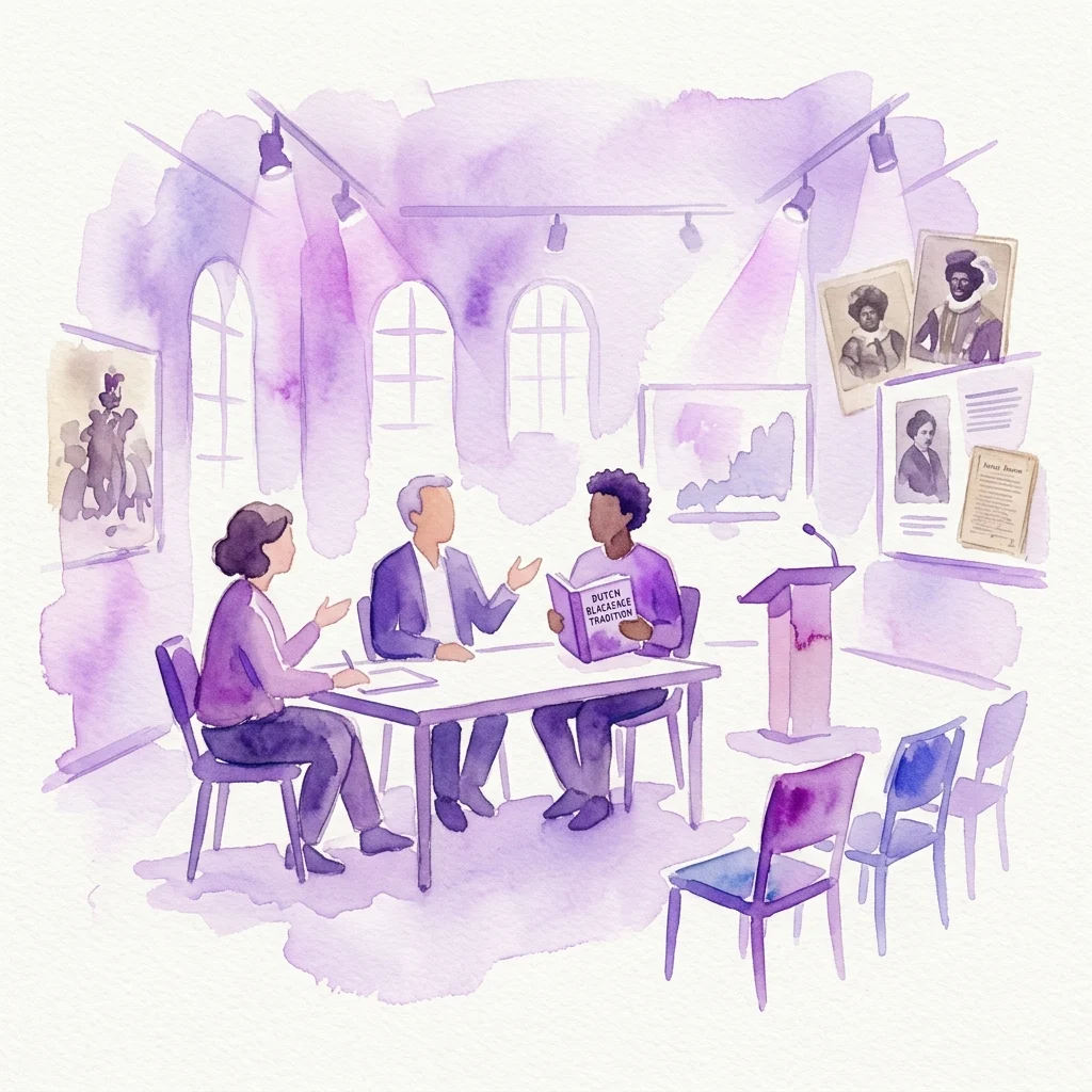 Ilustración de un evento de presentación de libro en una galería, con tres personas discutiendo el libro 'Dutch Blackface Tradition' en una mesa, con fotografías históricas y exhibiciones en el fondo.