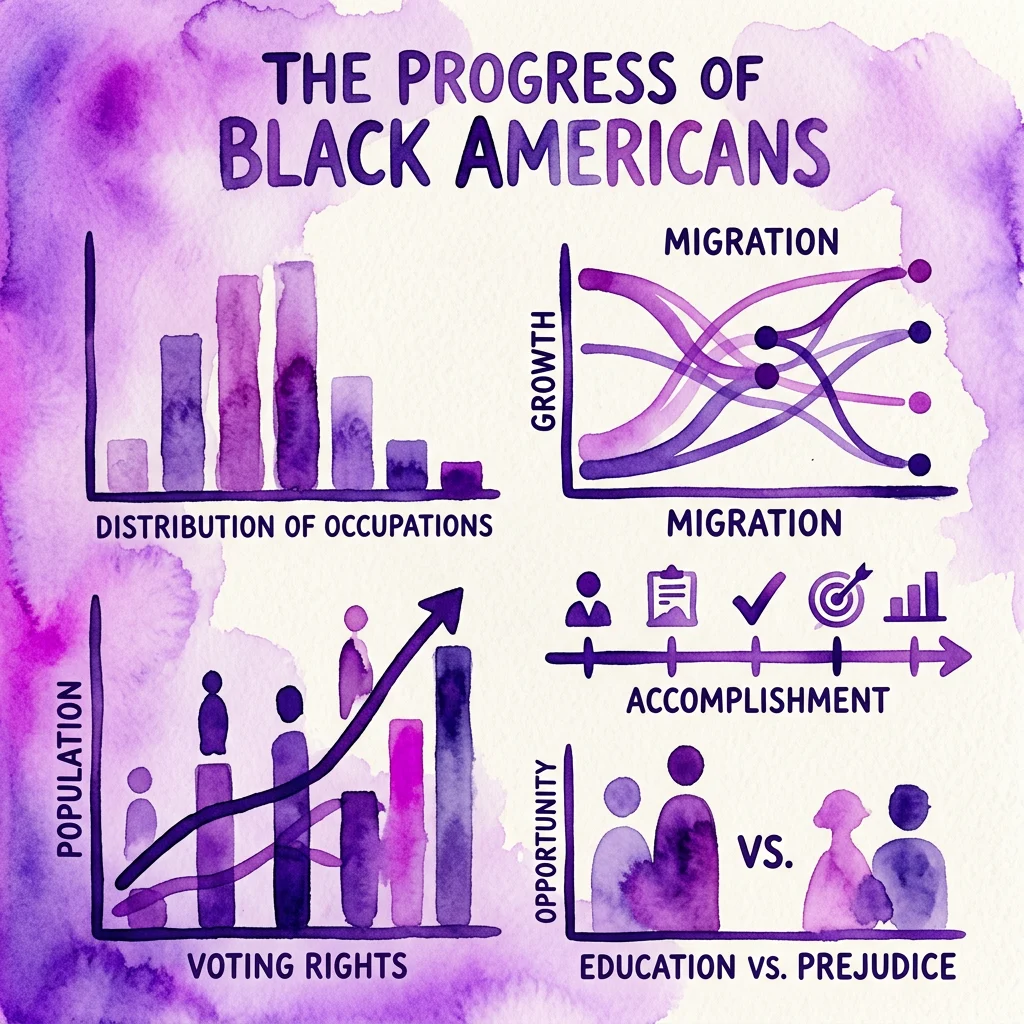 Een infografiek in aquarel-stijl getiteld 'The Progress of Black Americans' met vier datavisualisaties: verdeling van beroepen, migratie, stemrecht en onderwijs versus vooroordelen, geïnspireerd door het werk van W.E.B. Du Bois.
