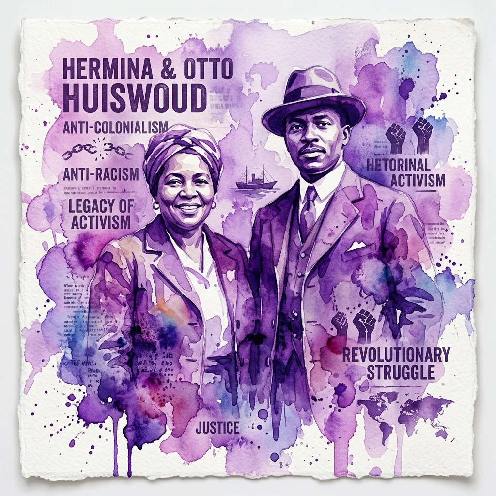 Una ilustración en acuarela de Hermina y Otto Huiswoud, revolucionarios negros, representados con texto que resalta el anticolonialismo, el antirracismo y la lucha revolucionaria, sobre un fondo púrpura y blanco con elementos de archivo.