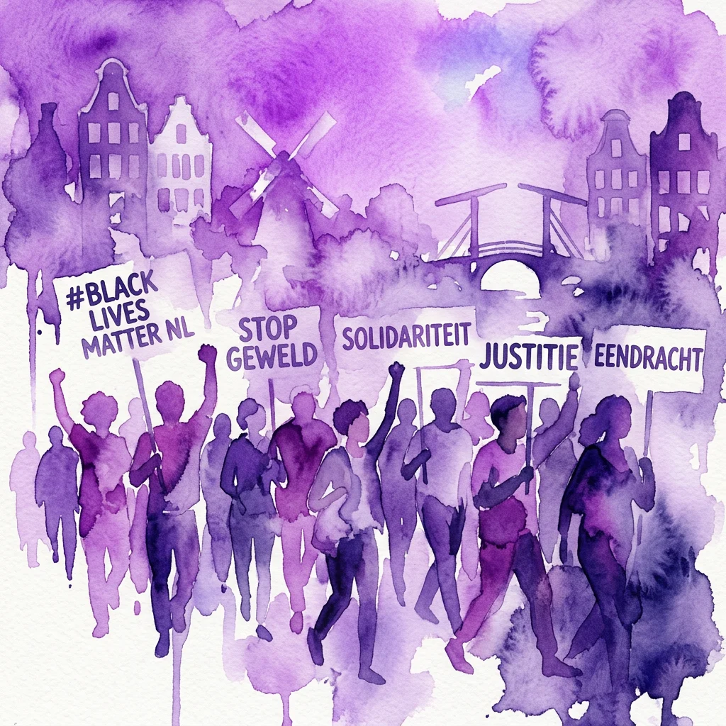 Watercolor illustration of a protest march in the Netherlands, with silhouetted figures holding signs reading #BlackLivesMatter NL, Stop Geweld, Solidariteit, Justitie, and Eendracht, set against a backdrop of Dutch architecture including windmills and bridges.