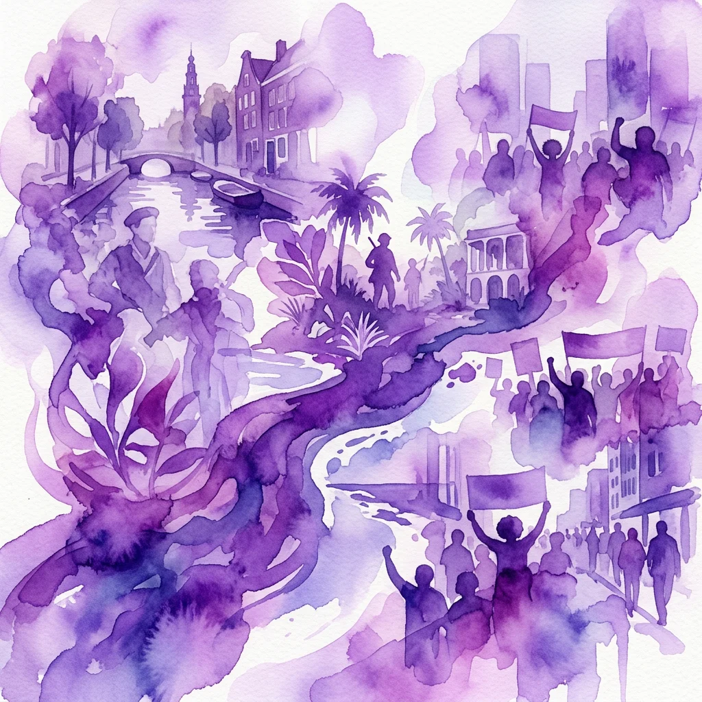 A purple watercolor illustration depicting historical resistance figures in the Netherlands and Caribbean, connected by a river of activism, with archival footage and personal stories.
