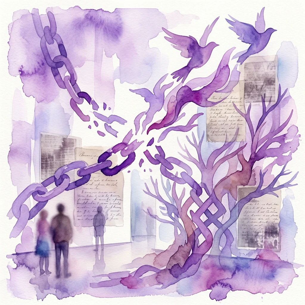 A watercolor artwork depicting a broken purple chain, flying birds, and a tree with roots forming chains, symbolizing liberation and healing from slavery, displayed in a museum gallery with visitors observing.