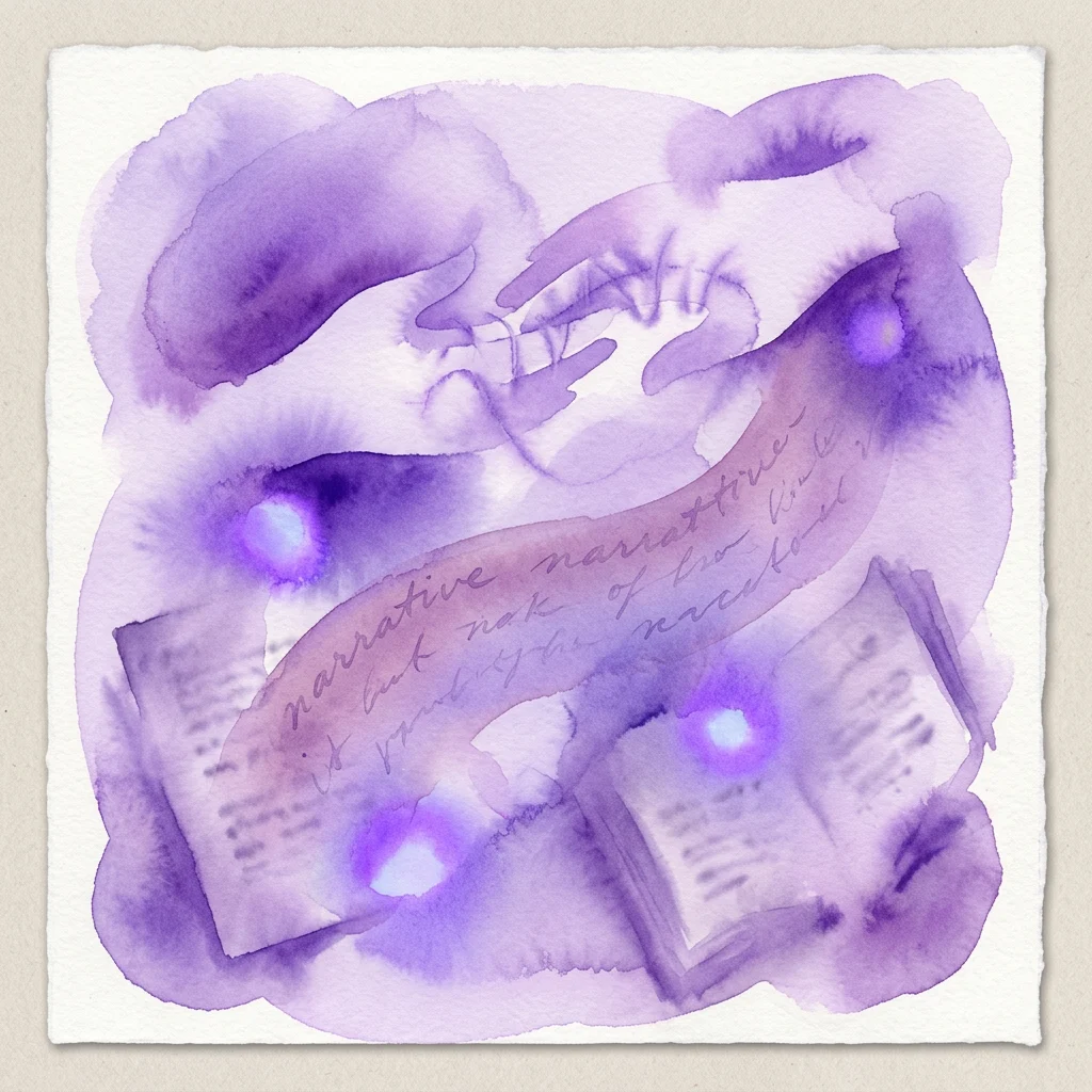 A purple watercolor artwork depicting hands, books, and text, representing the exhibition 'Geen Heling Zonder Herstel' which explores historical narratives and reconciliation.