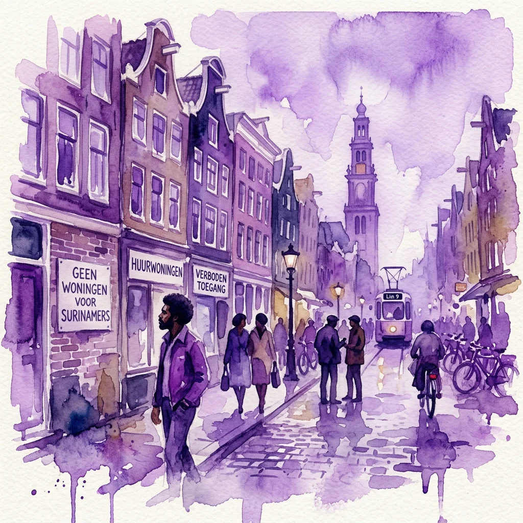 Een aquarelillustratie van een Amsterdamse straatscène uit de jaren 70 met een bord met de tekst 'GEEN WONINGEN VOOR SURINAMERS', die de huisvestingsdiscriminatie tegen Surinaamse immigranten weergeeft.