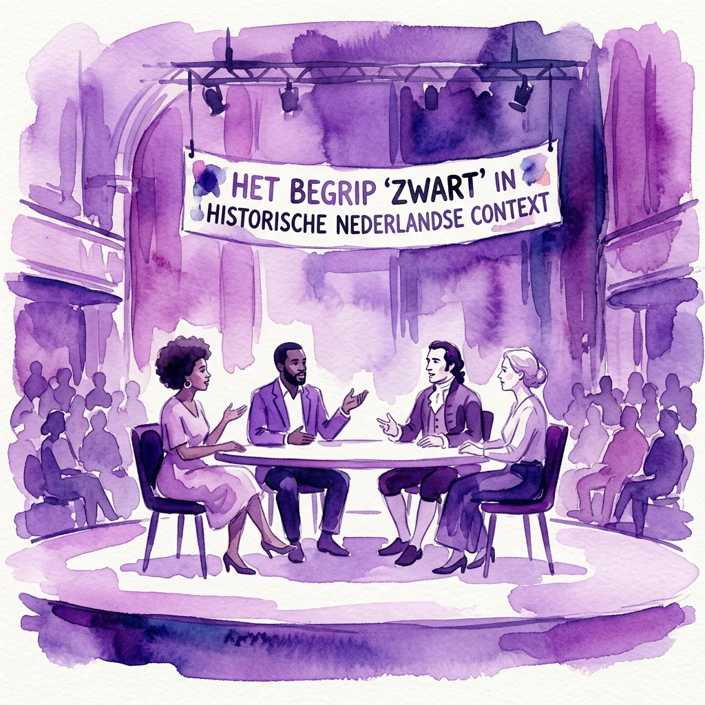 A watercolor illustration of a panel discussion on the concept of 'black' in historical Dutch context, featuring four diverse speakers at a table with an audience, under a banner reading 'HET BEGRIP 'ZWART' IN HISTORISCHE NEDERLANDSE CONTEXT'.