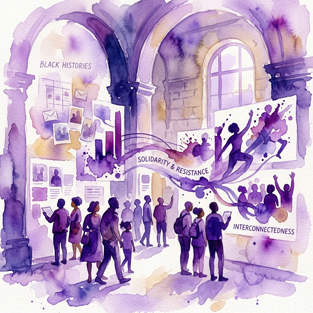 Watercolor illustration of a museum exhibition space with visitors viewing displays on Black histories, solidarity, resistance, and interconnectedness, featuring arches and archival materials.