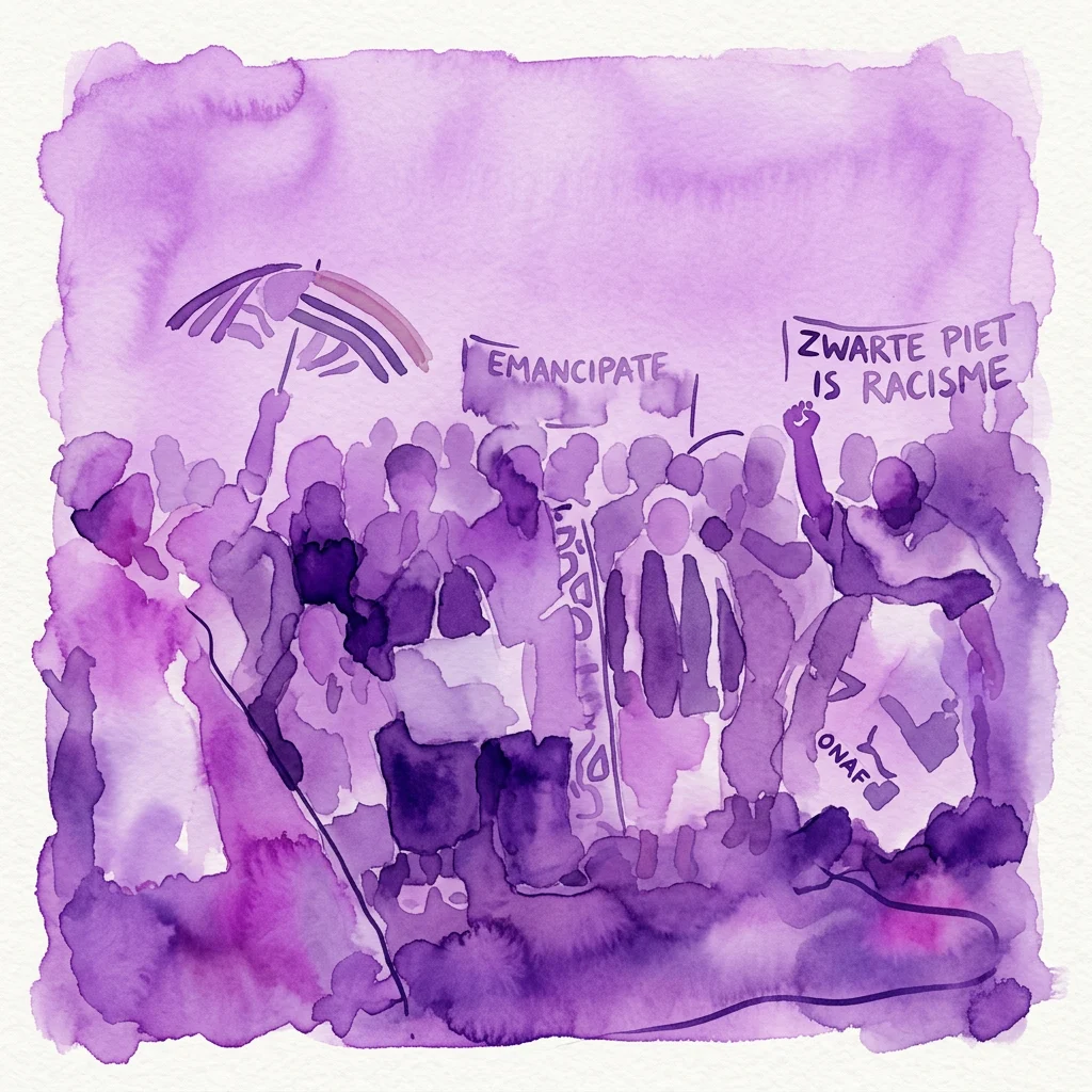 A purple watercolor illustration of a protest crowd with signs reading 'Zwarte Piet is Racisme' and 'Emancipate', symbolizing the anti-racism movement against the Zwarte Piet tradition in the Netherlands.