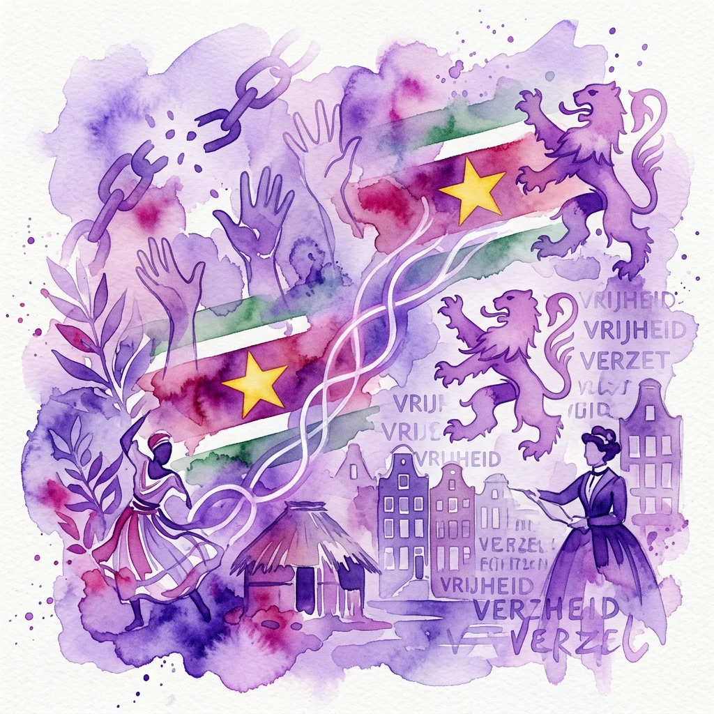 Ilustracja akwarelowa przedstawiająca wzajemną historię Surinamu i Holandii, z flagą Surinamu, zrywaniem łańcuchów, dłońmi wyciągającymi się w górę, tradycyjnym tancerzem, holenderską architekturą oraz słowami 'VRIJHEID' (wolność) i 'VERZET' (opór), symbolizującymi walkę o emancypację i opór.
