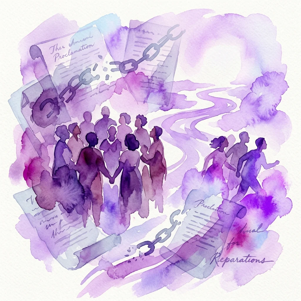 Ilustracja akwarelowa przedstawiająca sylwetki ludzi trzymających się za ręce, zrywających kajdany i dokumenty z napisem „The Annual Proclamation” (Doroczna Proklamacja) i „Proclamation for Reparations” (Proklamacja o Reparacjach), symbolizująca zniesienie niewolnictwa i dążenie do sprawiedliwości.