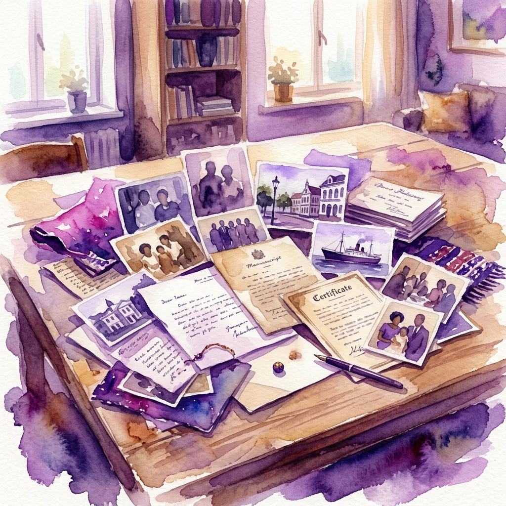 Een aquarelillustratie van archiefmateriaal, waaronder foto's, brieven en certificaten, gerangschikt op een houten tafel, die verhalen vertelt over de Surinaamse diaspora in Nederland.