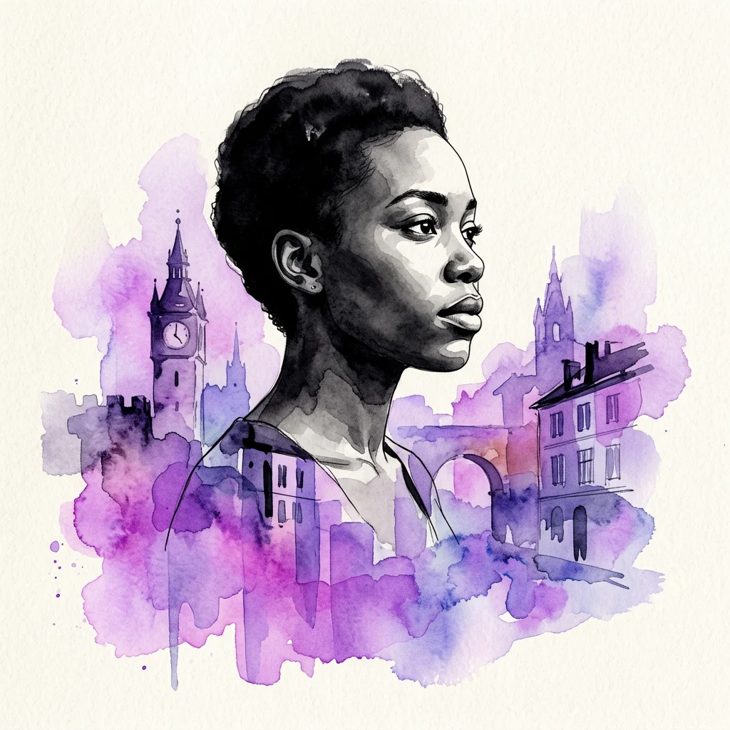 A black and white watercolor portrait of a Black woman in profile, set against a purple-hued European cityscape with landmarks like Big Ben, representing themes of Afropean identity and belonging.