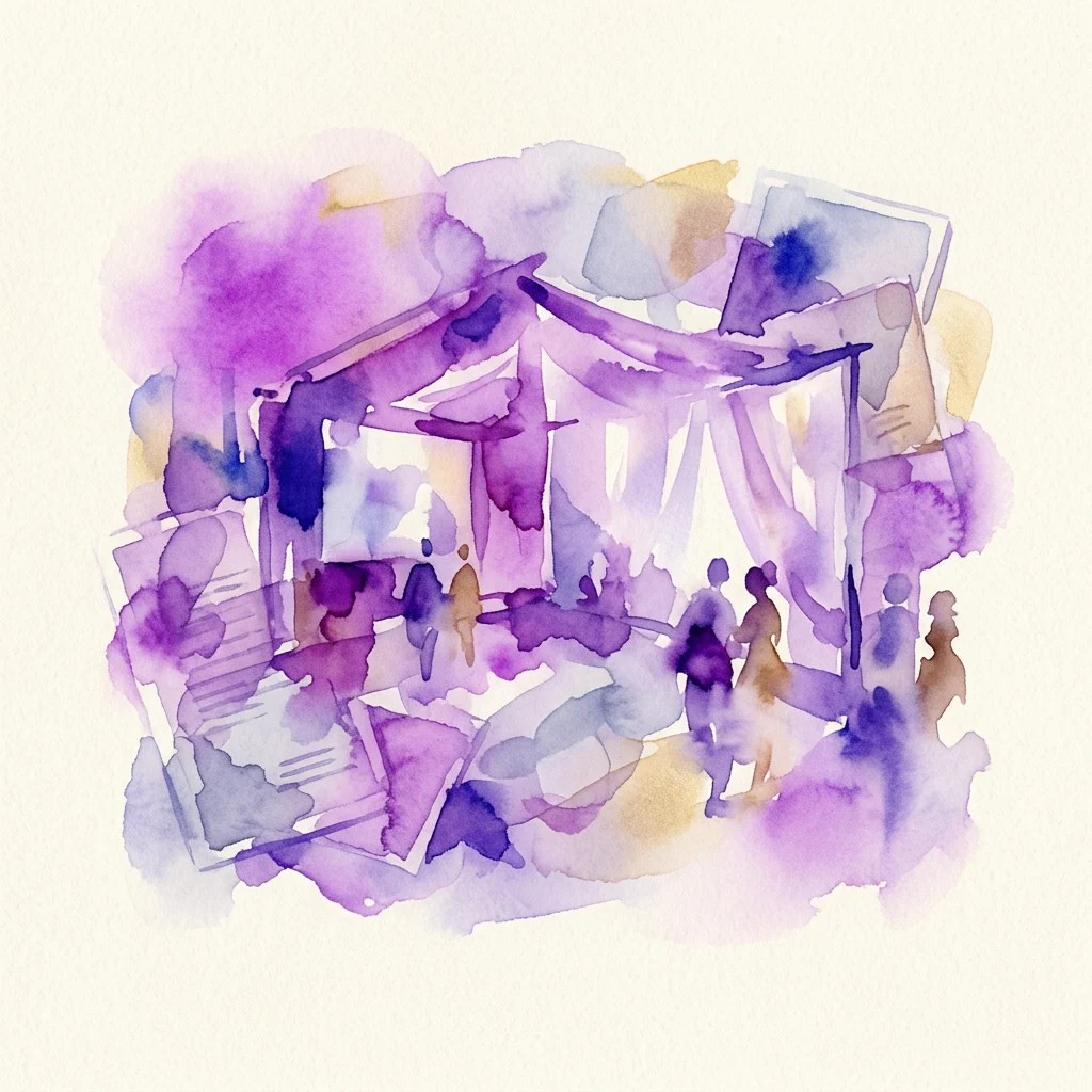 Waterverfillustratie van een pop-up tentoonstellingsruimte met paarse en blauwe tinten, met silhouetten van mensen, archiefdocumenten en artistieke elementen, die de nalatenschap en bevrijdingsbewegingen van Amílcar Cabral symboliseren.