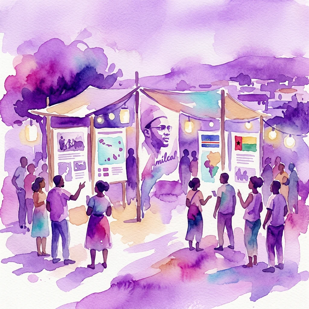 Una ilustración en acuarela de un espacio de exposición emergente con gente reunida alrededor de exhibiciones que presentan a Amilcar Cabral, banderas de Cabo Verde y Guinea-Bissau, e imágenes históricas, evocando un evento comunitario centrado en las luchas por la liberación y la identidad cultural.