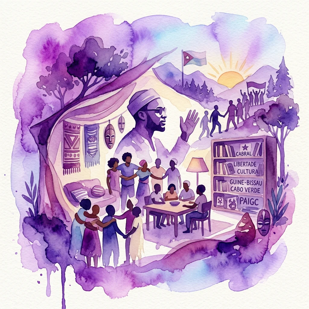 Una ilustración en acuarela de una exposición pop-up en honor a Amílcar Cabral, con una figura central, reunión comunitaria y símbolos de liberación, identidad cultural y materiales de archivo, ambientada en un espacio hogareño simbólico.