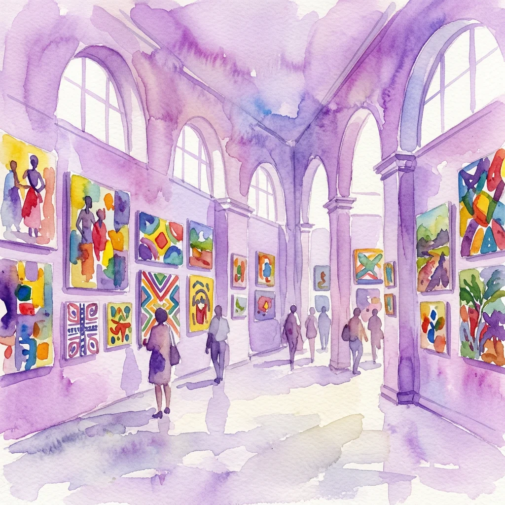 Ilustración en acuarela de una galería de museo con vibrantes pinturas surinames en exhibición, presentando obras de arte abstractas y figurativas coloridas bajo ventanas arqueadas.