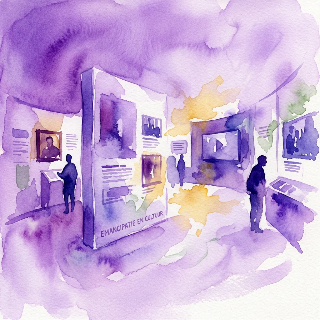 Ilustración en acuarela de un espacio de exposición con visitantes observando exhibiciones sobre la emancipación y la cultura, con el texto 'EMANCIPATIE EN CULTUUR' en un panel grande.