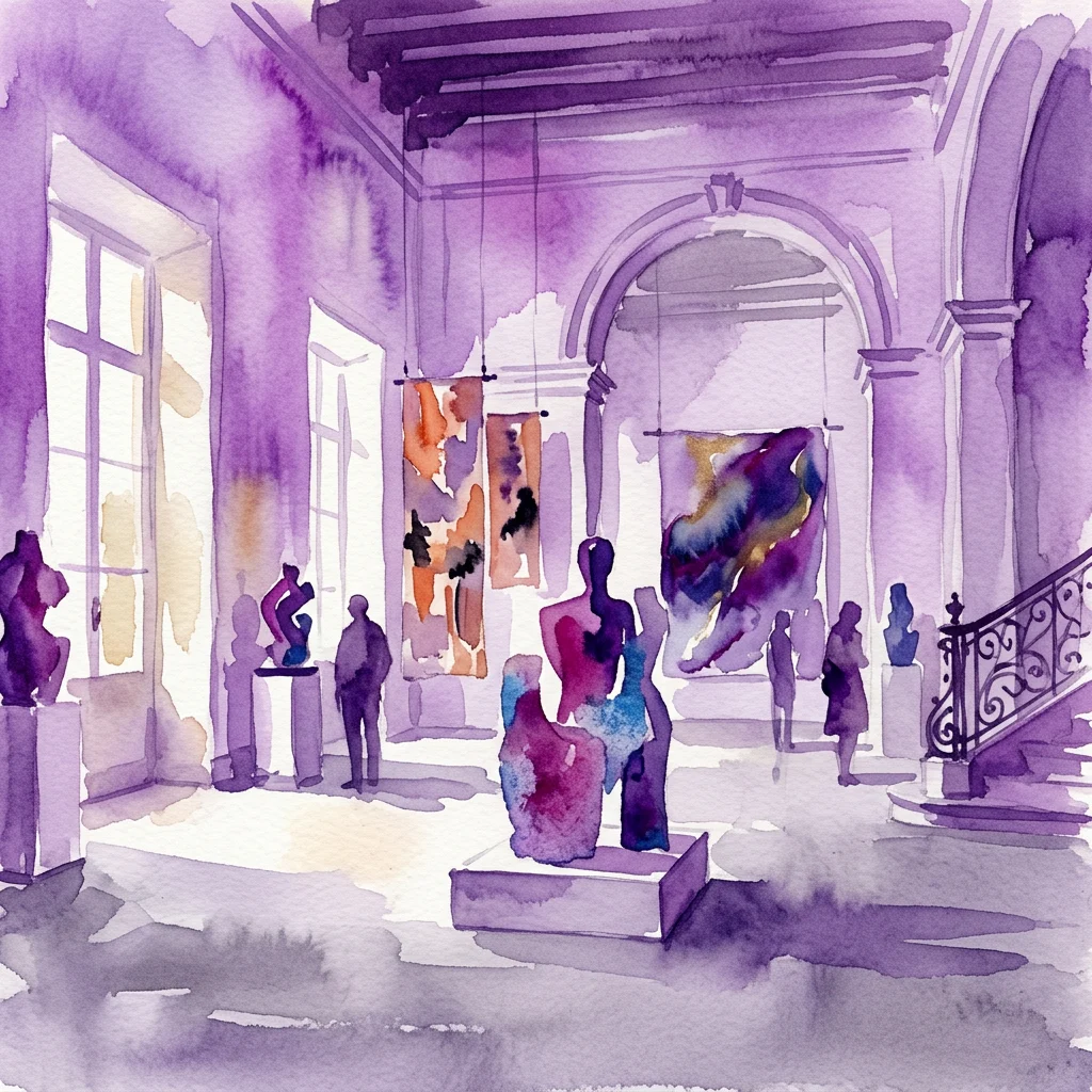 Una representación en acuarela de un espacio de exposiciones en una gran villa histórica, con instalaciones de arte contemporáneo de artistas de ascendencia africana, con tonos púrpuras y dorados que evocan temas de reflexión y recuperación.