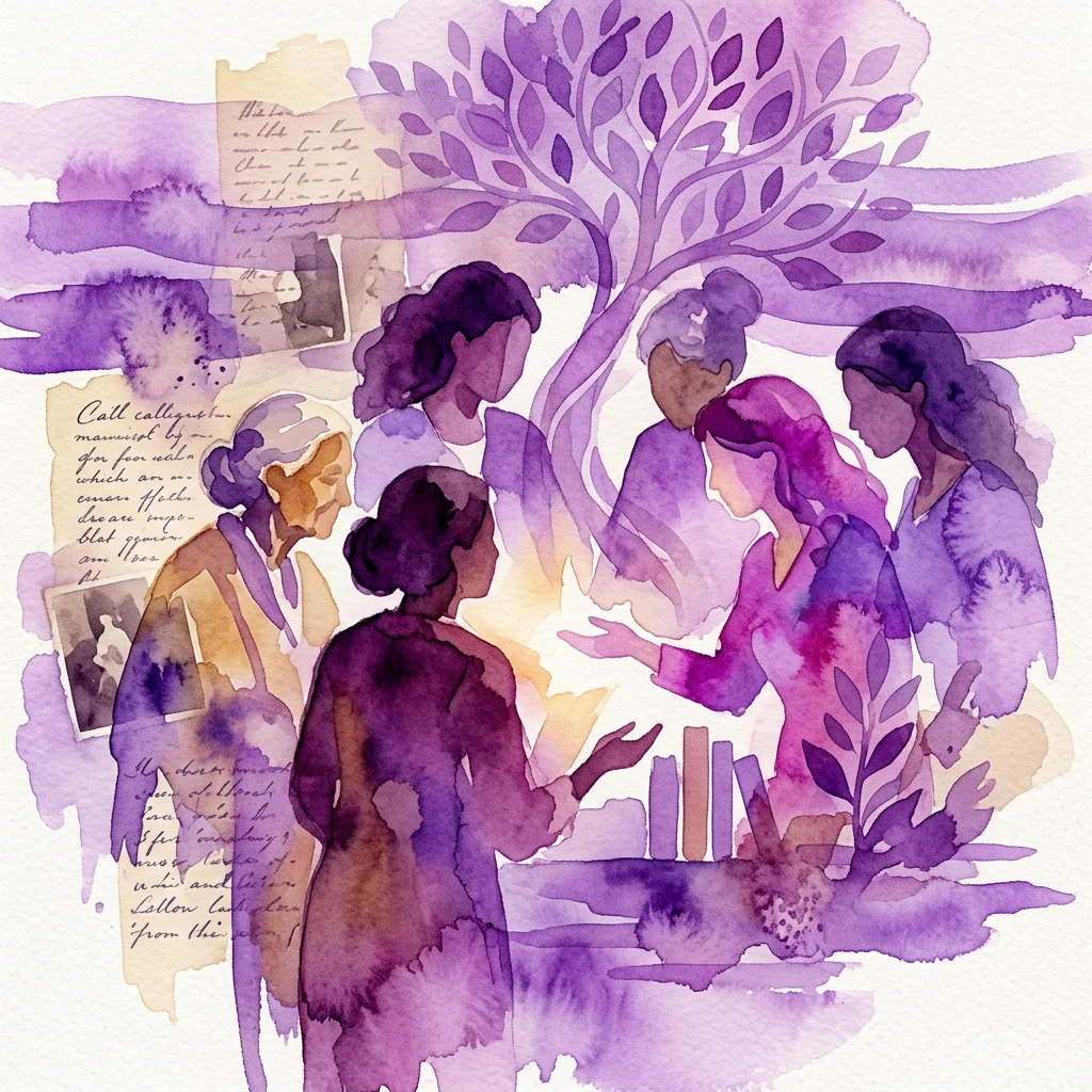 Ilustracja akwarelowa przedstawiająca różnorodne kobiety zebrane pod drzewem, dzielące się historiami i wiedzą, otoczone archiwalnymi dokumentami i książkami, przywołująca historię ruchu czarnoskórych kobiet, migrantek i uchodźczyń w Holandii.