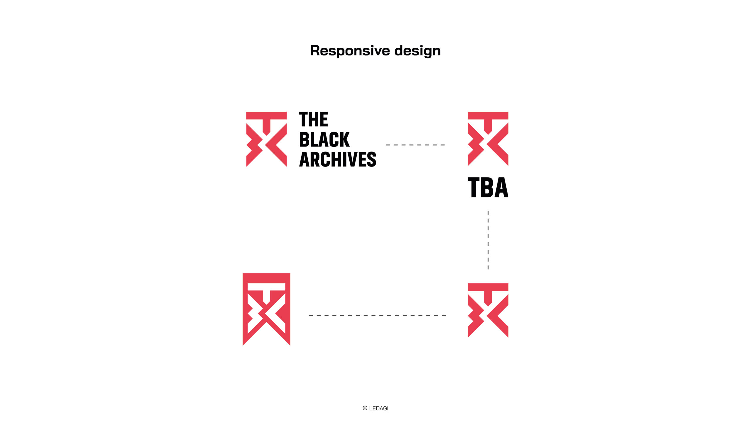 Warianty projektu logo The Black Archives pokazujące czerwony emblemat i układy tekstu z nagłówkiem 'Responsive design'