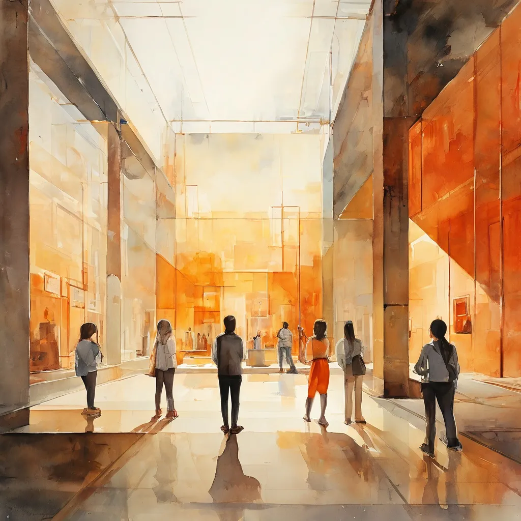 Een artistieke weergave van het interieur van een modern museum, met tentoonstellingsruimtes die aanzetten tot reflectie op historische verhalen, symbolisch voor het toekomstige Nationale Slavernijmuseum en de betrokkenheid van The Black Archives.