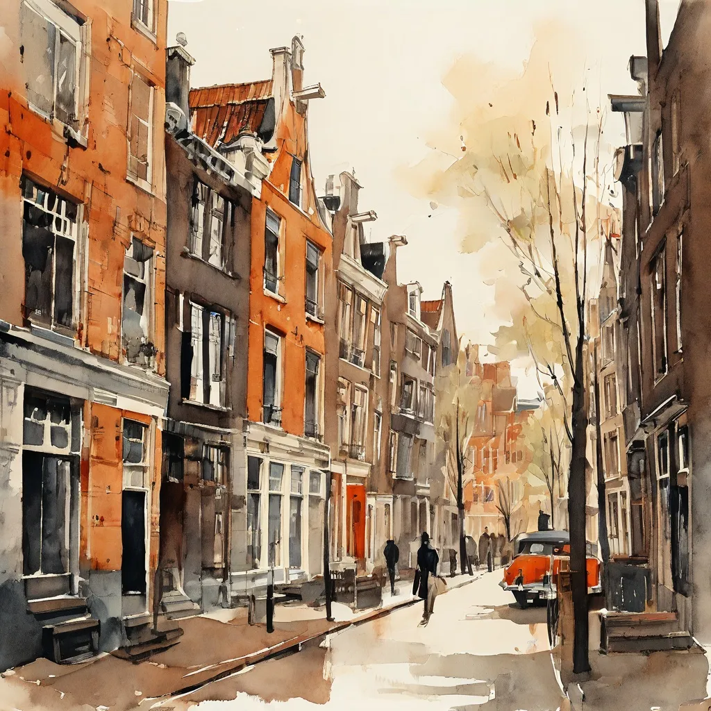 Wzruszająca, zabytkowa ilustracja przedstawiająca tętniącą życiem, wąską ulicę w historycznym Amsterdamie, z dawnymi wielopiętrowymi budynkami sugerującymi zatłoczone warunki życia. Scena odzwierciedla historie walk imigrantów z Surinamu o mieszkania, podkreślone przez The Black Archives.