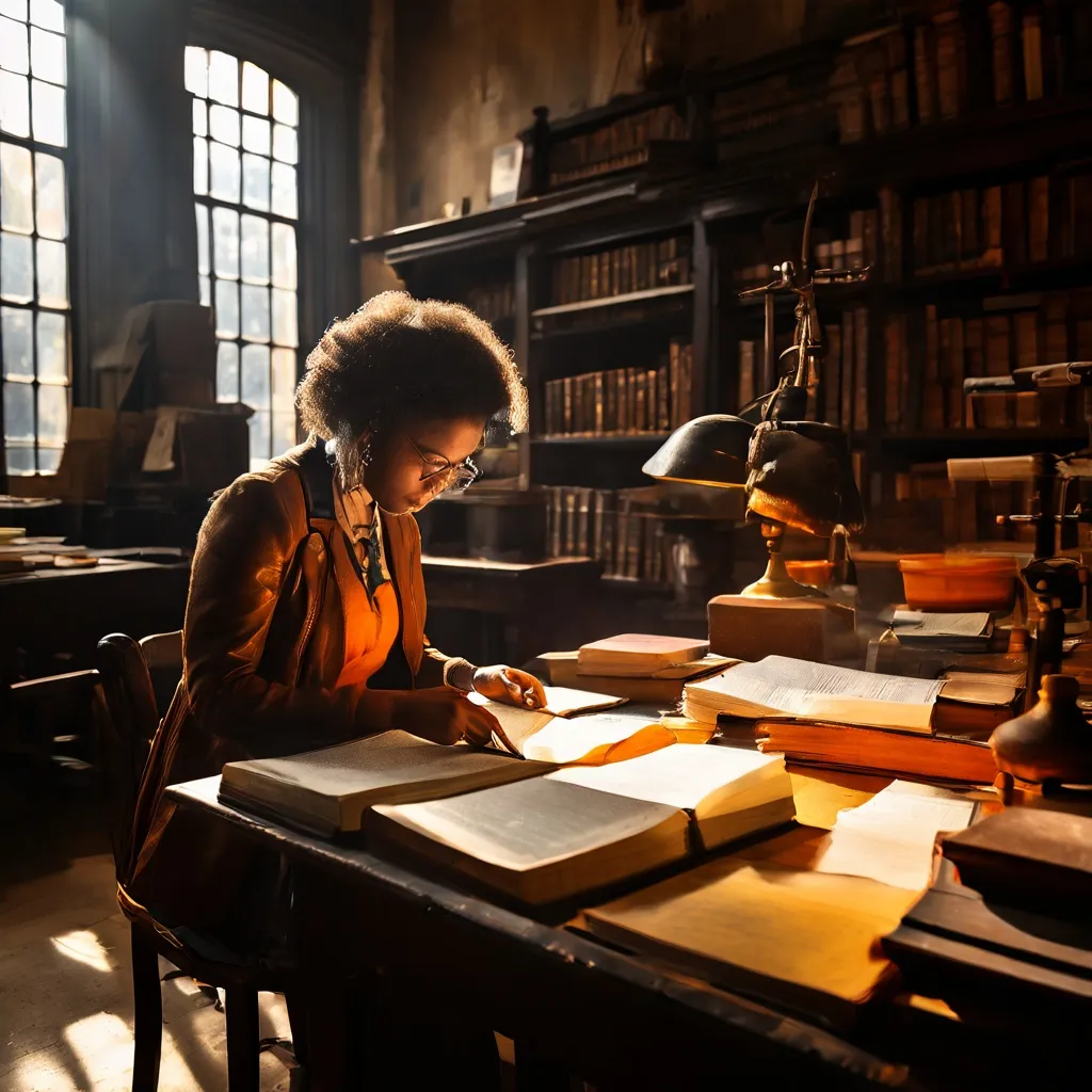 Una imagen que representa un espacio de investigación de archivo en The Black Archives en Ámsterdam, con documentos históricos y libros sobre la historia negra holandesa.