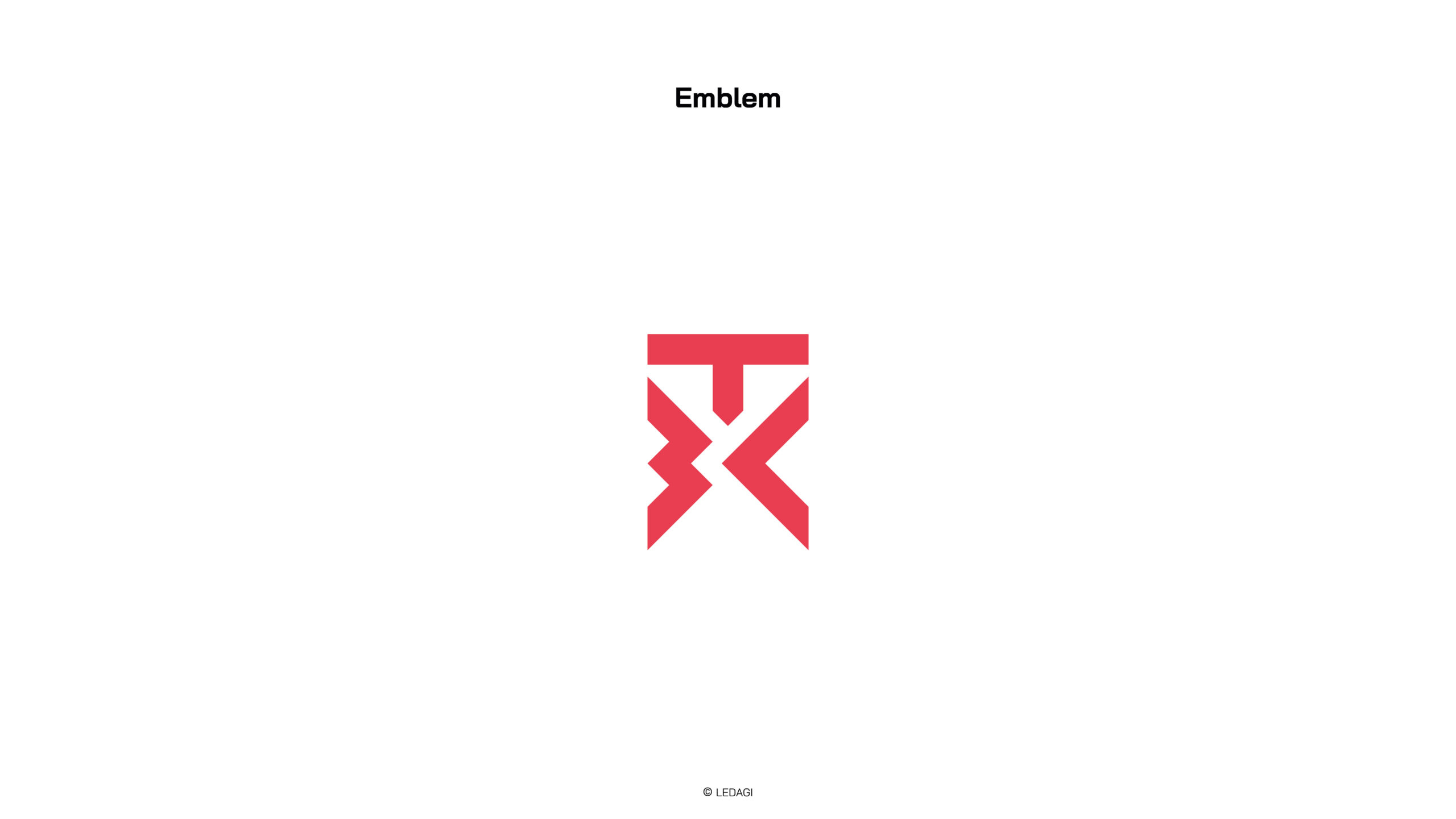 Emblema geométrico rojo con formas angulares sobre fondo blanco, etiquetado como 'Emblem' en la parte superior