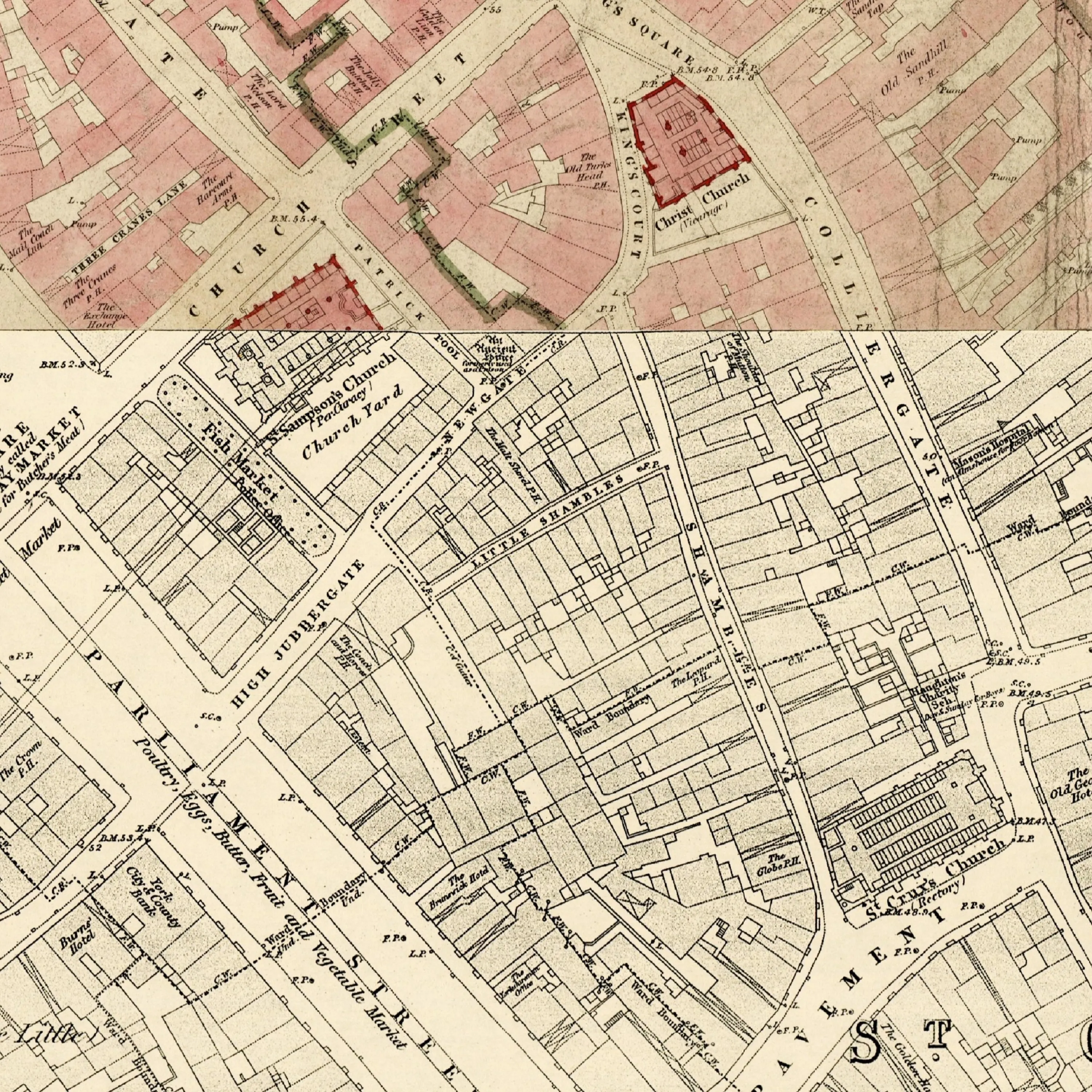 Historyczna mapa obszaru The Shambles w Yorku przedstawiająca układ ulic z oznaczeniami Church Yard, High Ousegate i Pavement