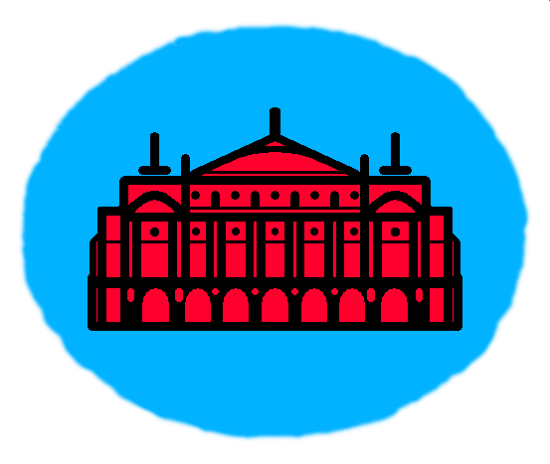red silhouette of a grand theatre building on a blue circular background