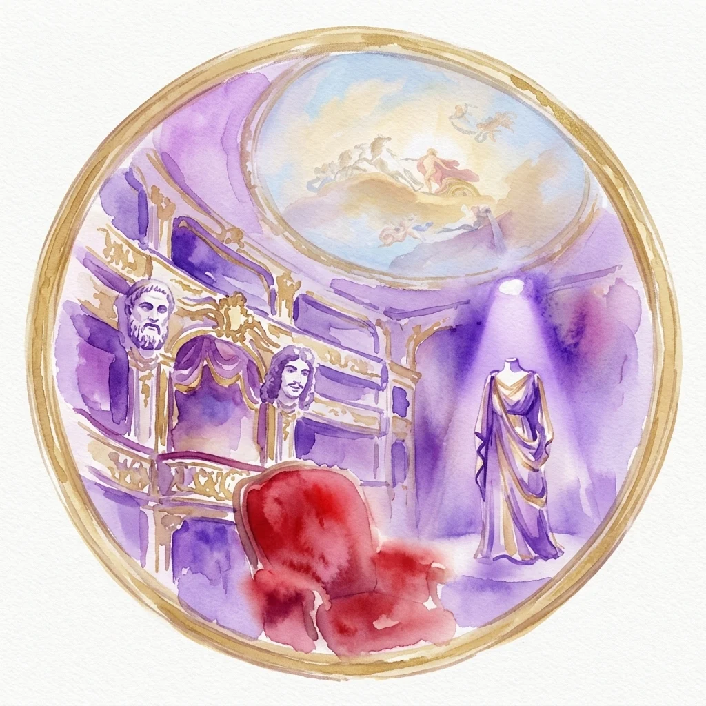 Watercolor illustration of a royal theater interior with a red velvet chair, classical costume, and playwright busts for the Stanisław August exhibition.