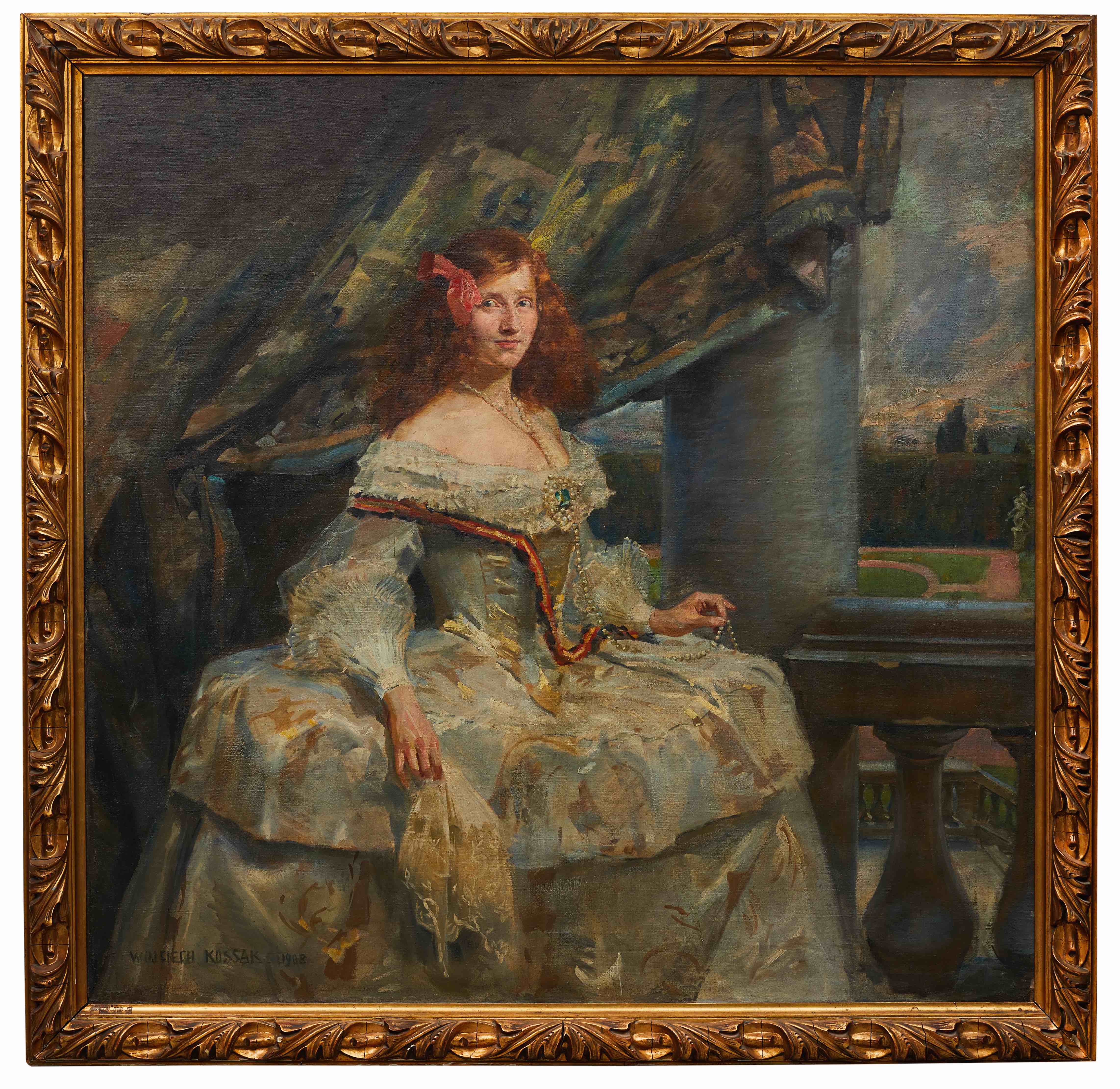 A painting of a woman in a historical gown seated in a grand interior, framed in gold