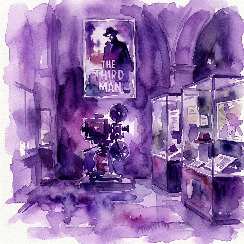 Waterverfillustratie van een museumexpositie met een vintage filmcamera, een poster voor 'The Third Man', en vitrines met artefacten die verband houden met het naoorlogse Wenen.