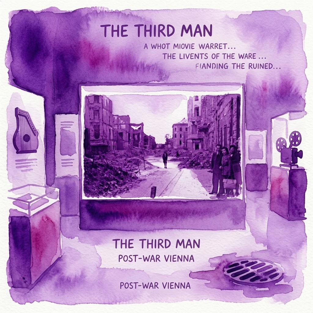 Een paarsgetinte aquarelillustratie van een museumtentoonstelling met een centrale foto van Wenen na de oorlog, omringd door filmgerelateerde artefacten zoals een harp, projector en vitrines, met tekst die verwijst naar 'The Third Man' en Wenen na de oorlog.