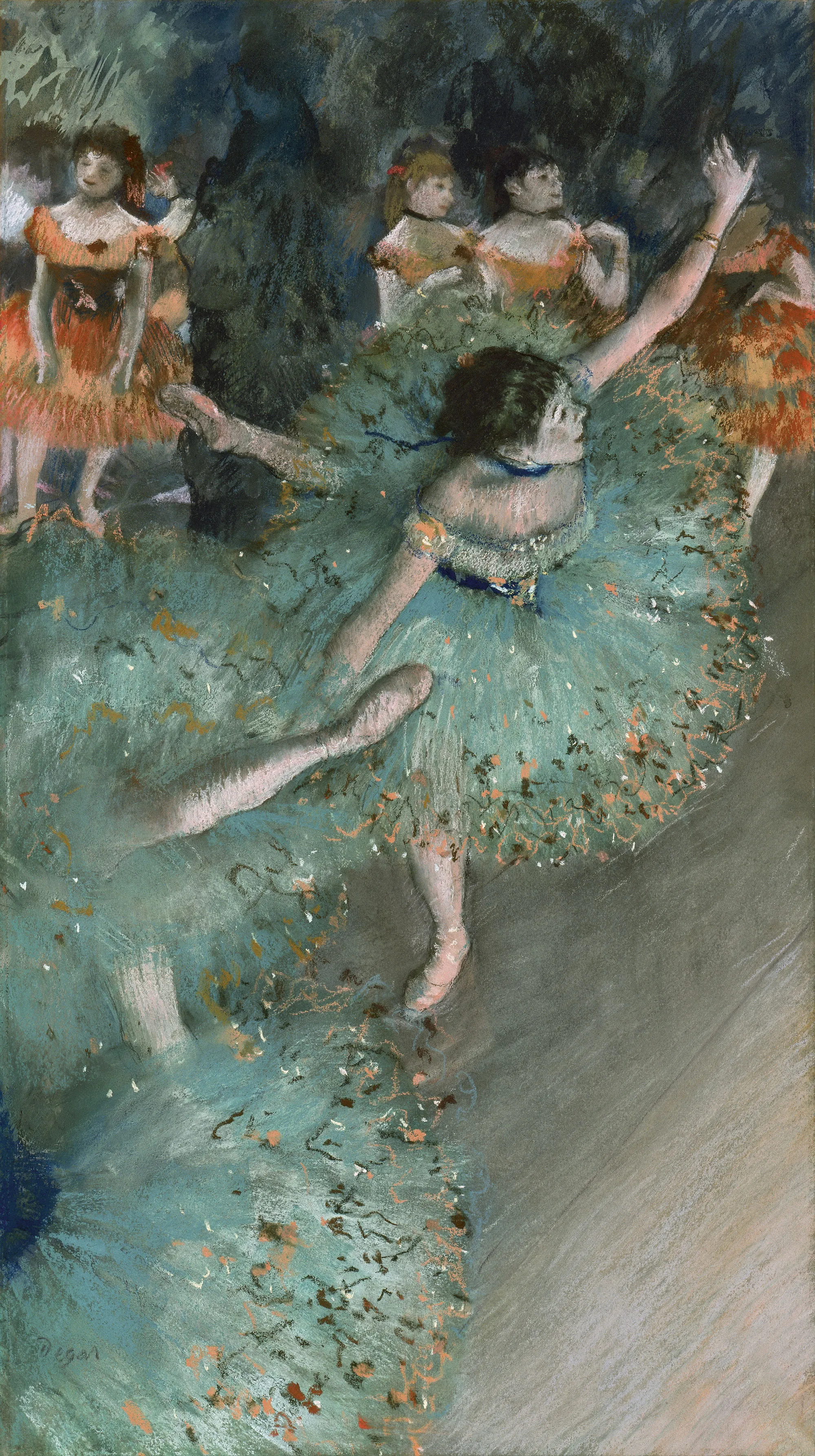 Schilderij van Edgar Degas van ballerina's in turquoise en oranje kostuums in beweging