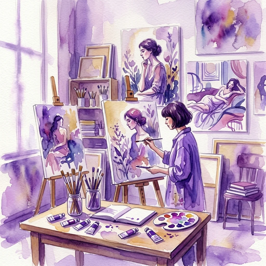 Ilustracja akwarelowa przedstawiająca artystkę malującą w pracowni wypełnionej płótnami z wizerunkami kobiet, materiałami artystycznymi i książkami, odzwierciedlająca styl współczesnej malarki figuratywnej Anny Weyant.