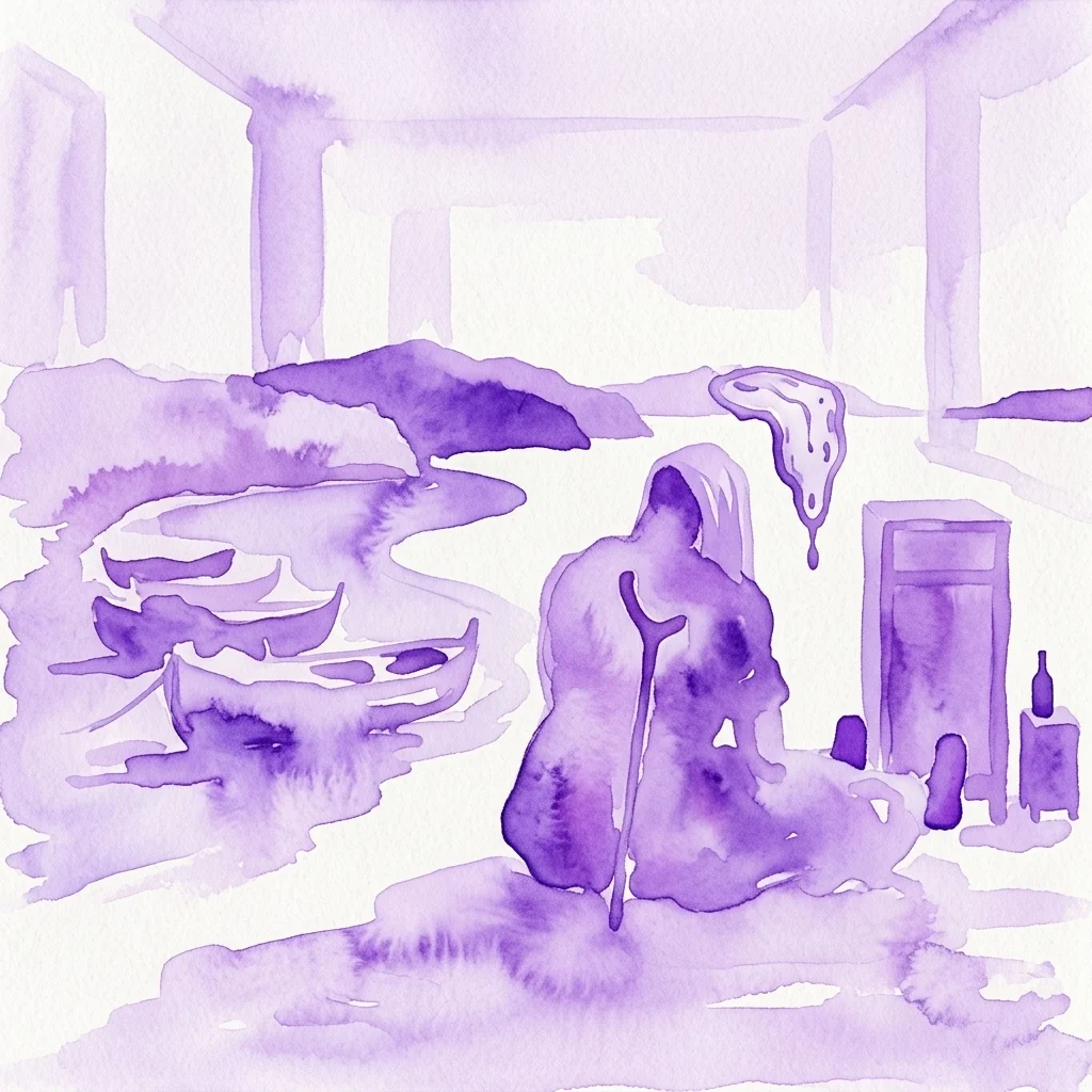 Een surrealistisch aquarel in paarse tinten, met smeltende klokken, vervormde figuren en een dromerig landschap, dat de artistieke interpretatie van Freuds psychologie door Salvador Dalí oproept.