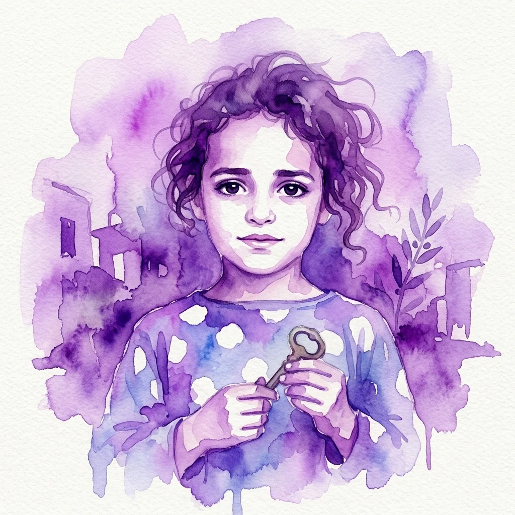 Een aquarelportret van een jong Palestijns meisje met een sleutel, die veerkracht en herinnering in Gaza symboliseert, met op de achtergrond beschadigde gebouwen en olijftakken.