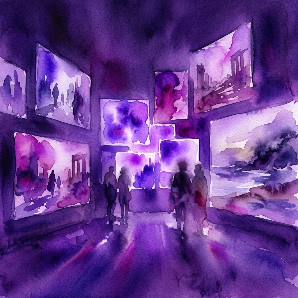 Ilustracja akwarelowa wieloekranowej instalacji wideo w galerii, z odwiedzającymi oglądającymi immersyjne krajobrazy kinowe i dźwiękowe w odcieniach fioletu i różu, przedstawiająca wystawę Johna Akomfraha na temat diaspory i zmian klimatu.